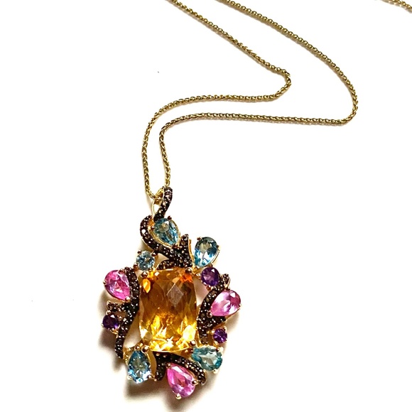 14K Gold Over Sterling Silver Necklace With Genuine Citrine, Amethyst & Quartz - Picture 7 of 9